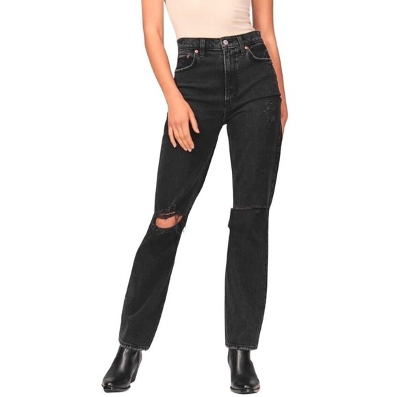 Abercrombie & Fitch 90s Straight Ultra High Rise Jeans Black 32/14 L Distressed - Picture 1 of 16